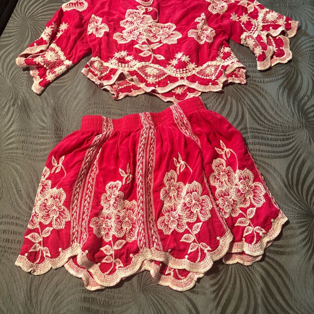 Pink and white Floral Embroidered Two-Piece Set.